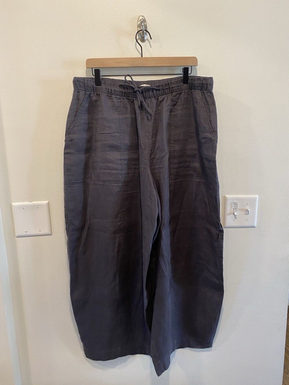 Oysho Womens 100% Linen Balloon Trousers Pants Size XL Charcoal Coastal Nautical